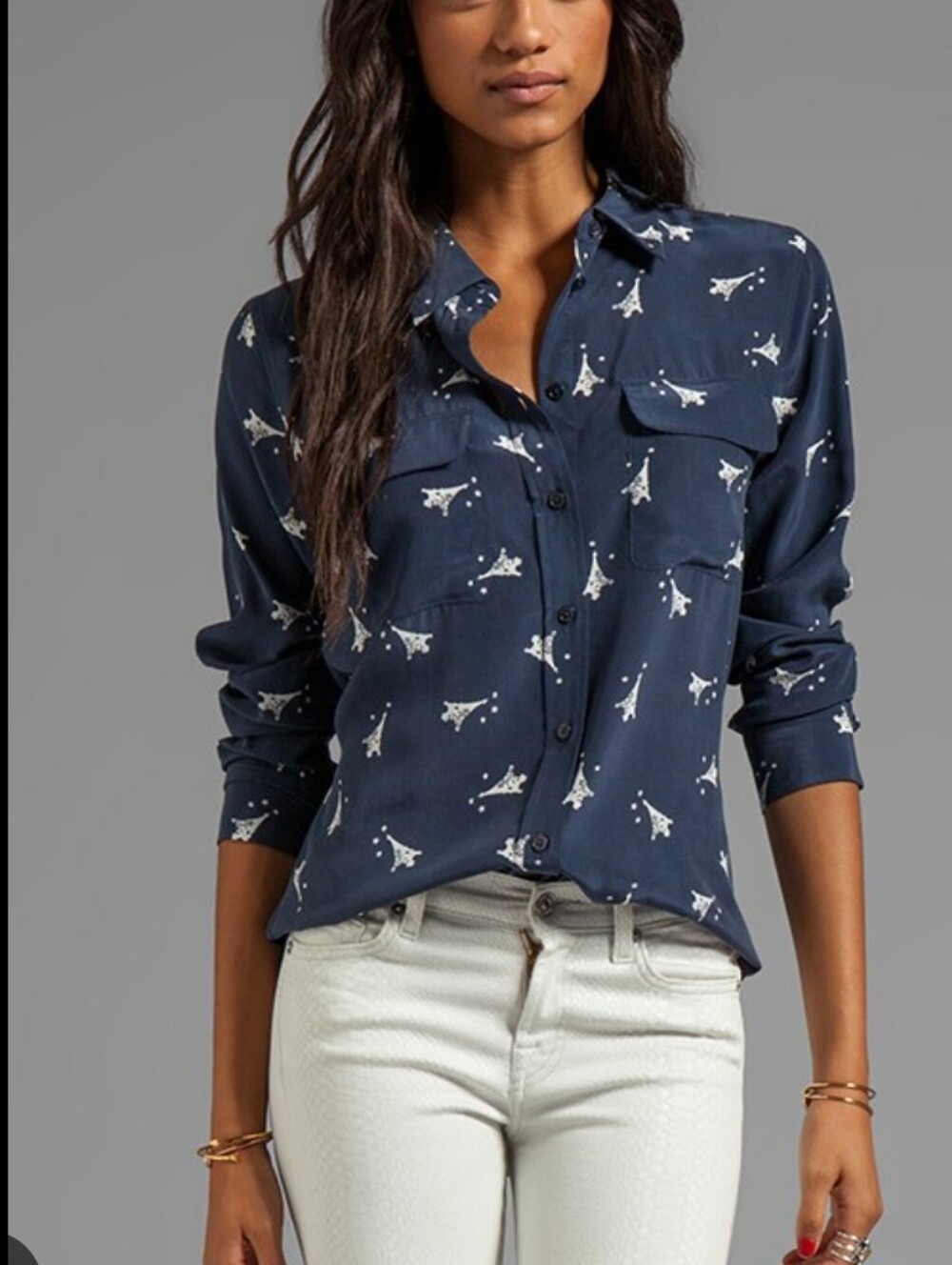 Equipment 100% Silk Eiffel Tower Print Navy Blue Button Blouse Size Small